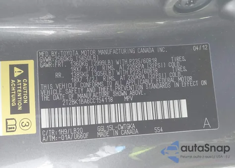 2012 Lexus Rx 350 from USA, damaged, VIN 2T2BK1BA6CC154118
